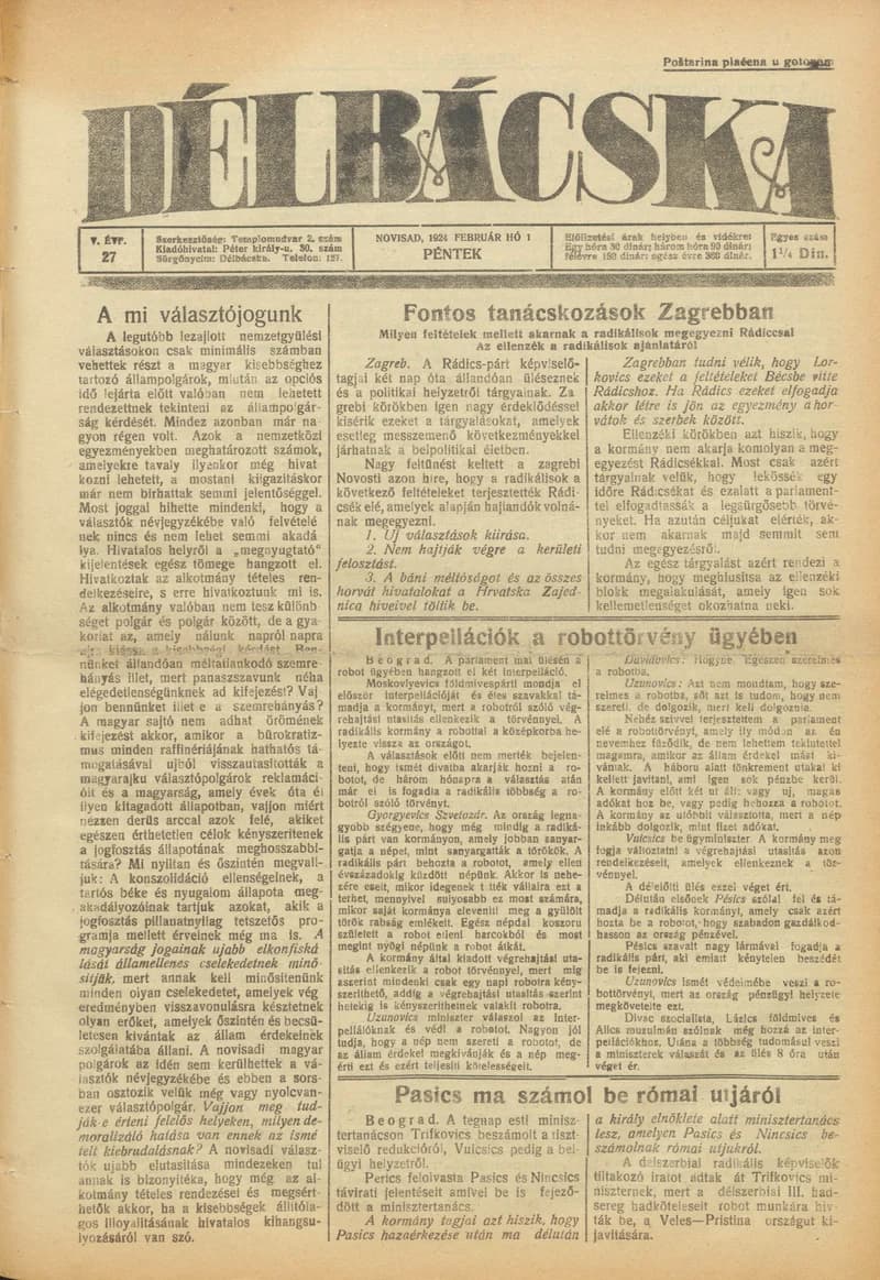 Délbácska, 5. évf. 1924. február 1. 27. sz.