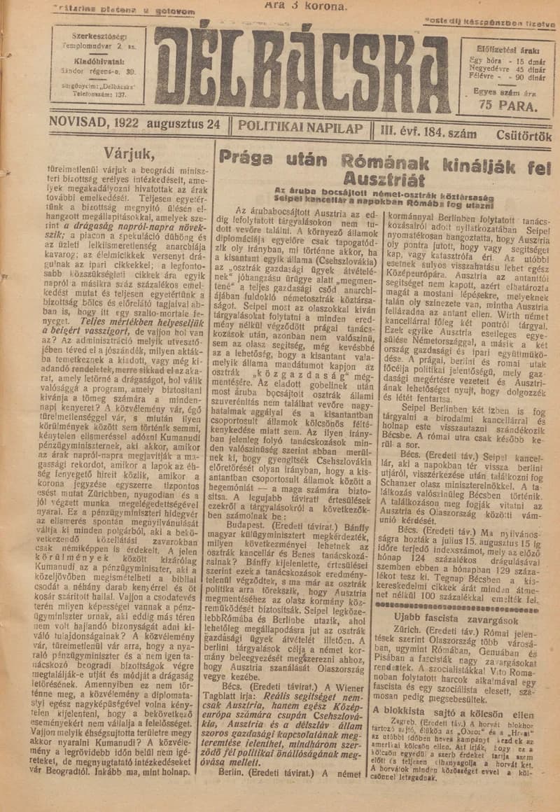 Délbácska, 3. évf. 1922. augusztus 24. 184. sz.