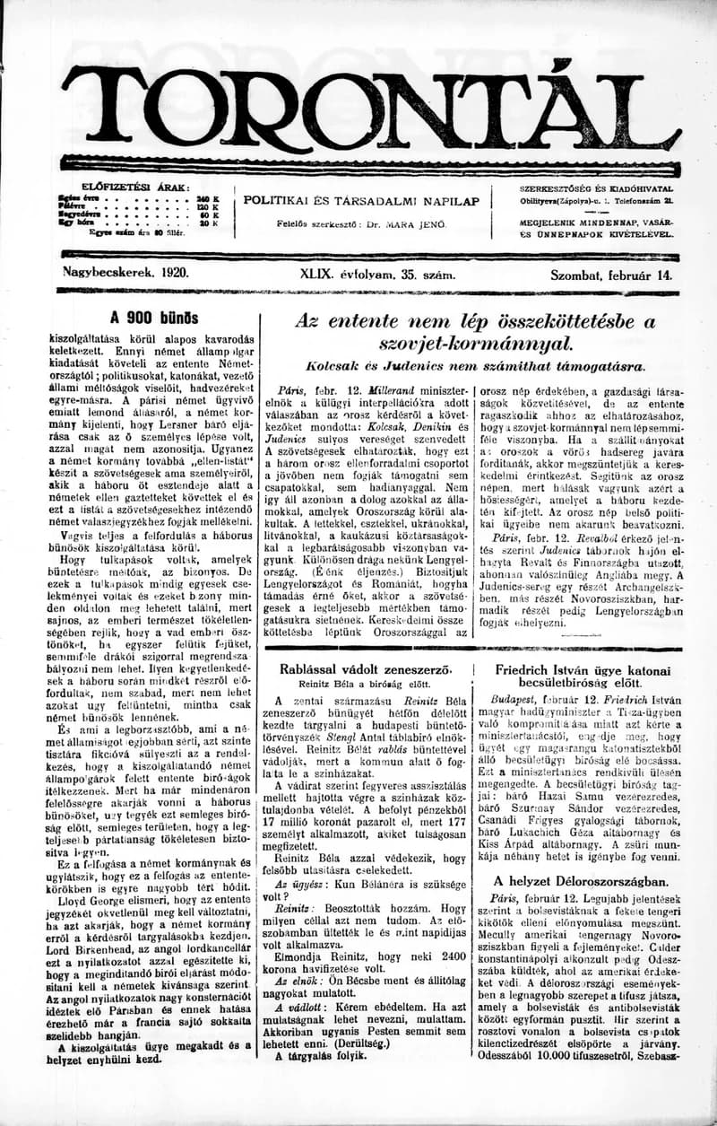 Torontál, 49. évf. 1920. február 14. 35. sz.
