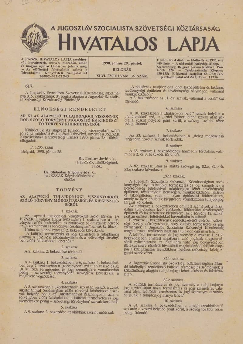 A Jugoszláv Szocialista Szövetségi Köztársaság Hivatalos Lapja, 46. évf. 1990. június 29. 36. sz. 1197–1208. oldal