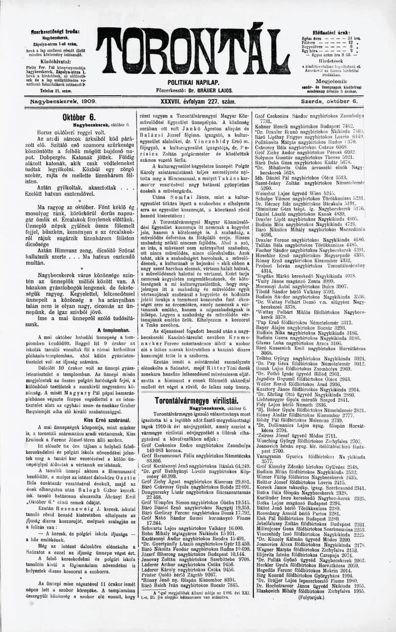 Torontál, 38. évf. 1909. október 6. 227. sz.