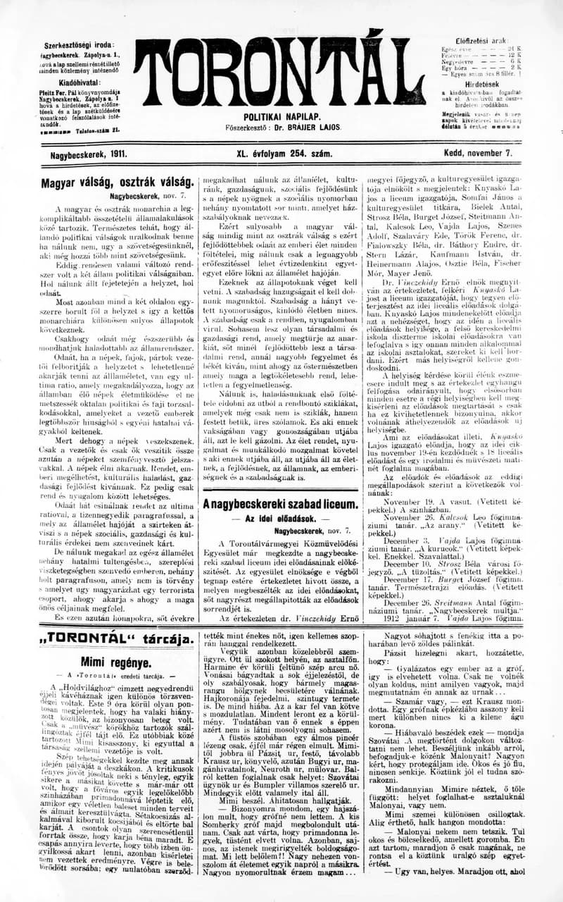 Torontál, 40. évf. 1911. november 7. 254. sz.
