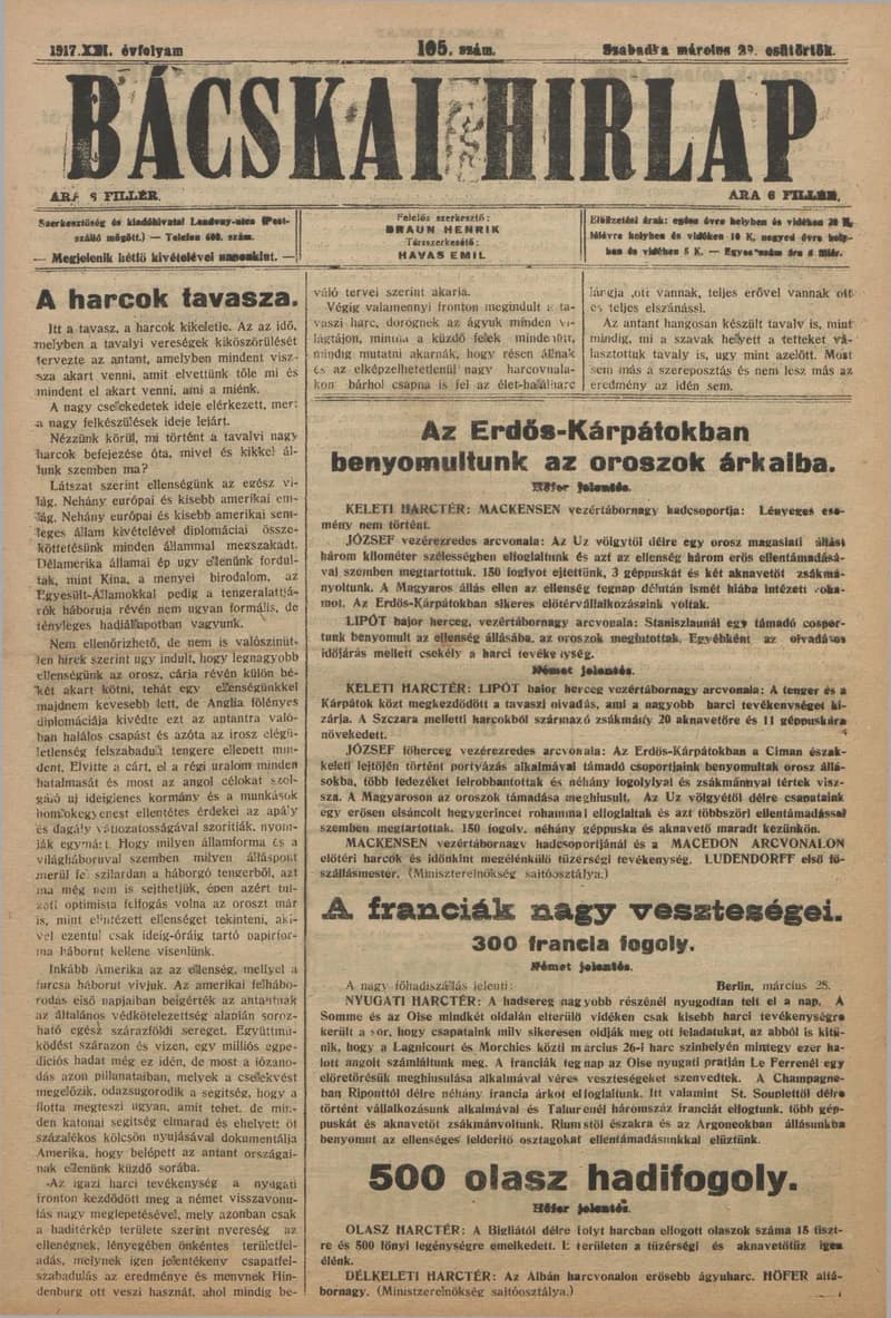 Bácskai Hirlap, 21. évf. 1917. március 29. 105. sz.