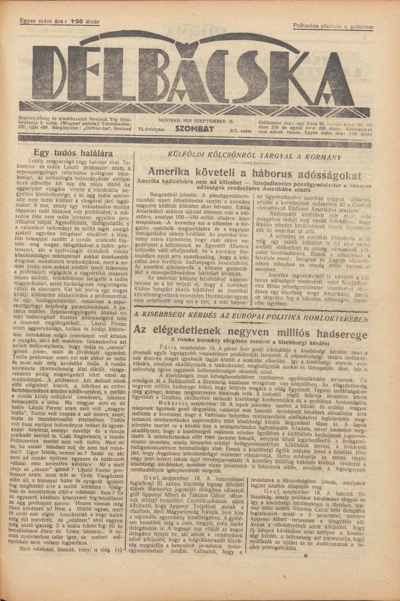 Délbácska, 6. évf. 1925. szeptember 19. 217. sz.