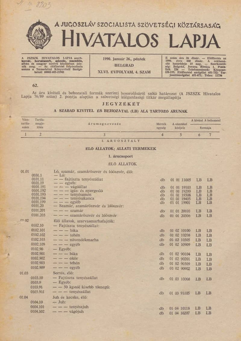 A Jugoszláv Szocialista Szövetségi Köztársaság Hivatalos Lapja, 46. évf. 1990. január 26. 4. sz. 97–288. oldal