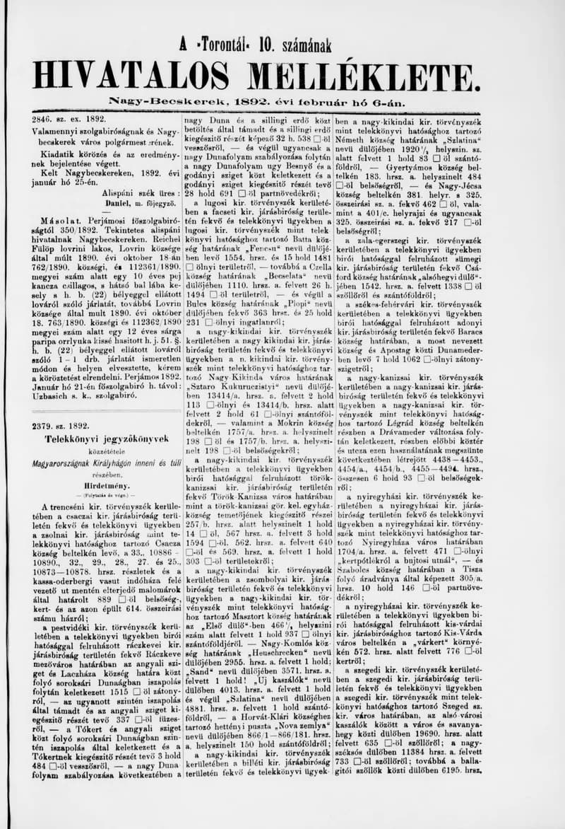 A Totontál  hivatalos melléklete, 5. évf. 1892. február 6. 10. sz.