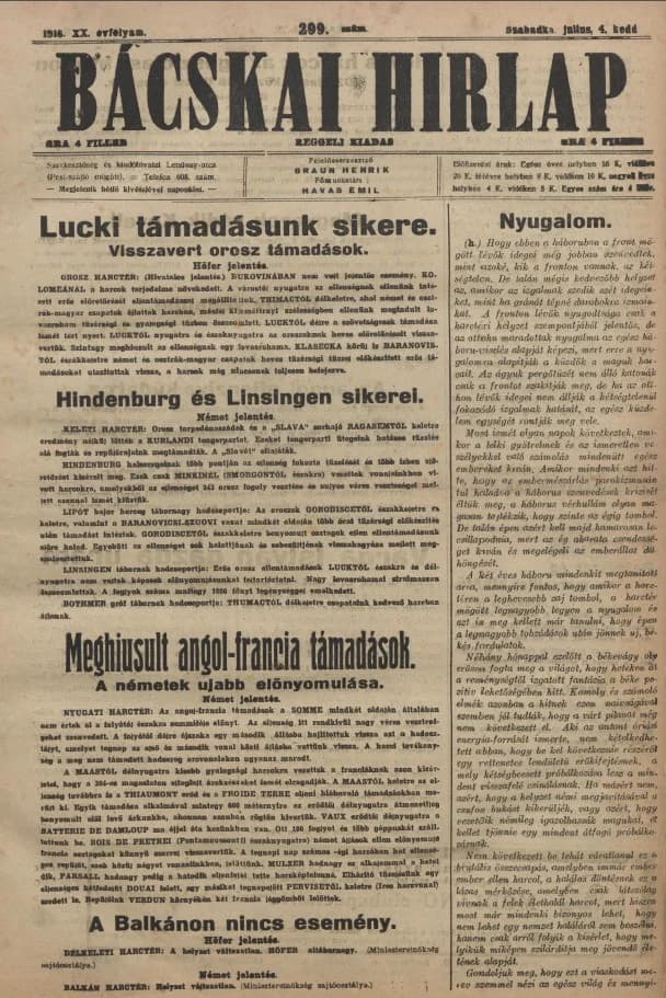 Bácskai Hirlap, 20. évf. 1916. július 4. 299. sz.