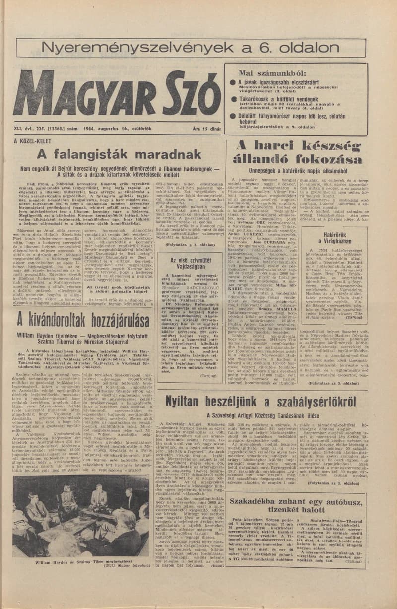 Magyar Szó, 41. évf. 1984. augusztus 16. 225. sz. 1–16. oldal