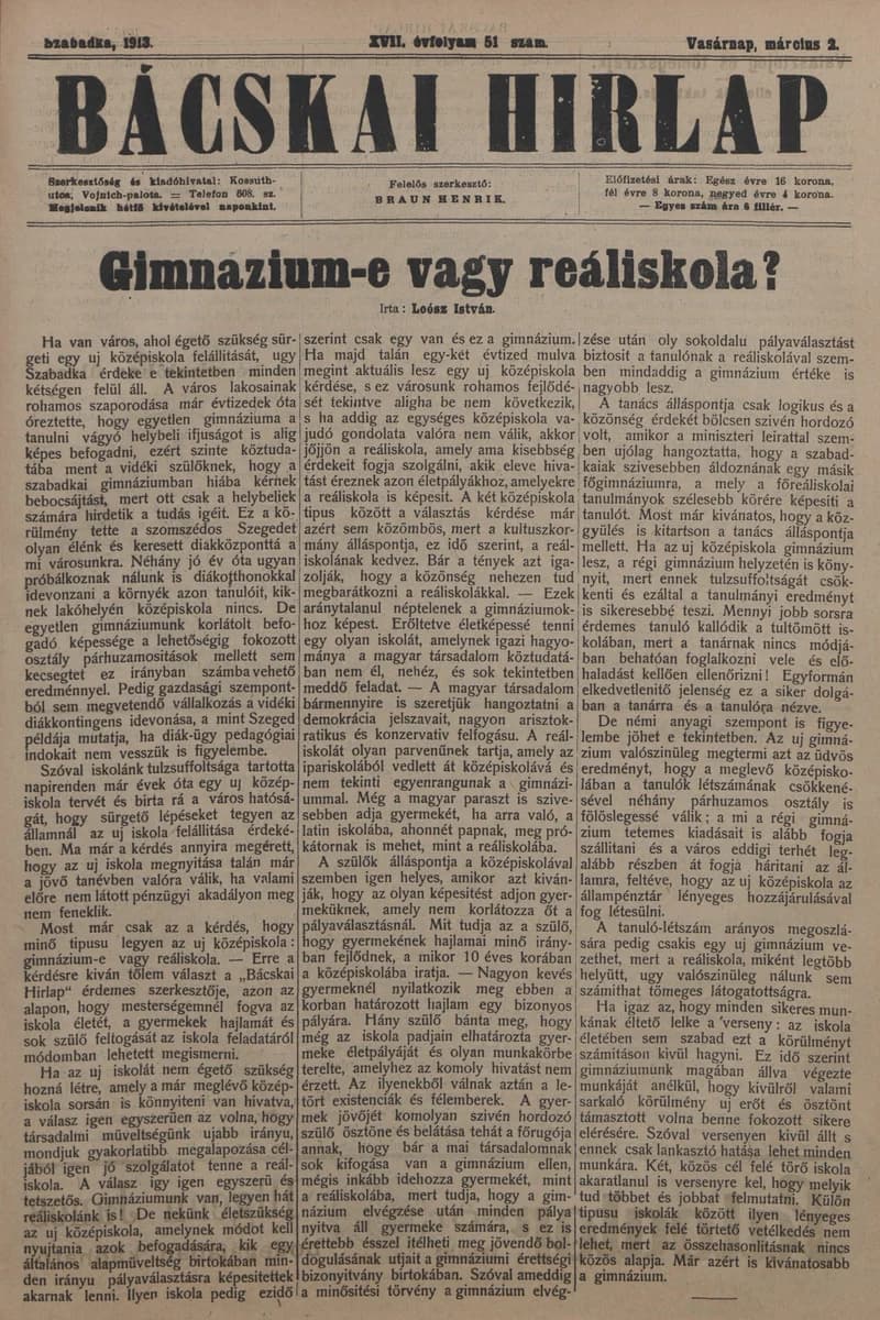Bácskai Hirlap, 17. évf. 1913. március 2. 51. sz.