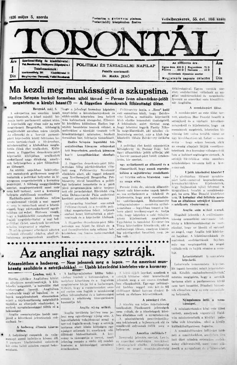Torontál, 55. évf. 1926. május 5. 103. sz.
