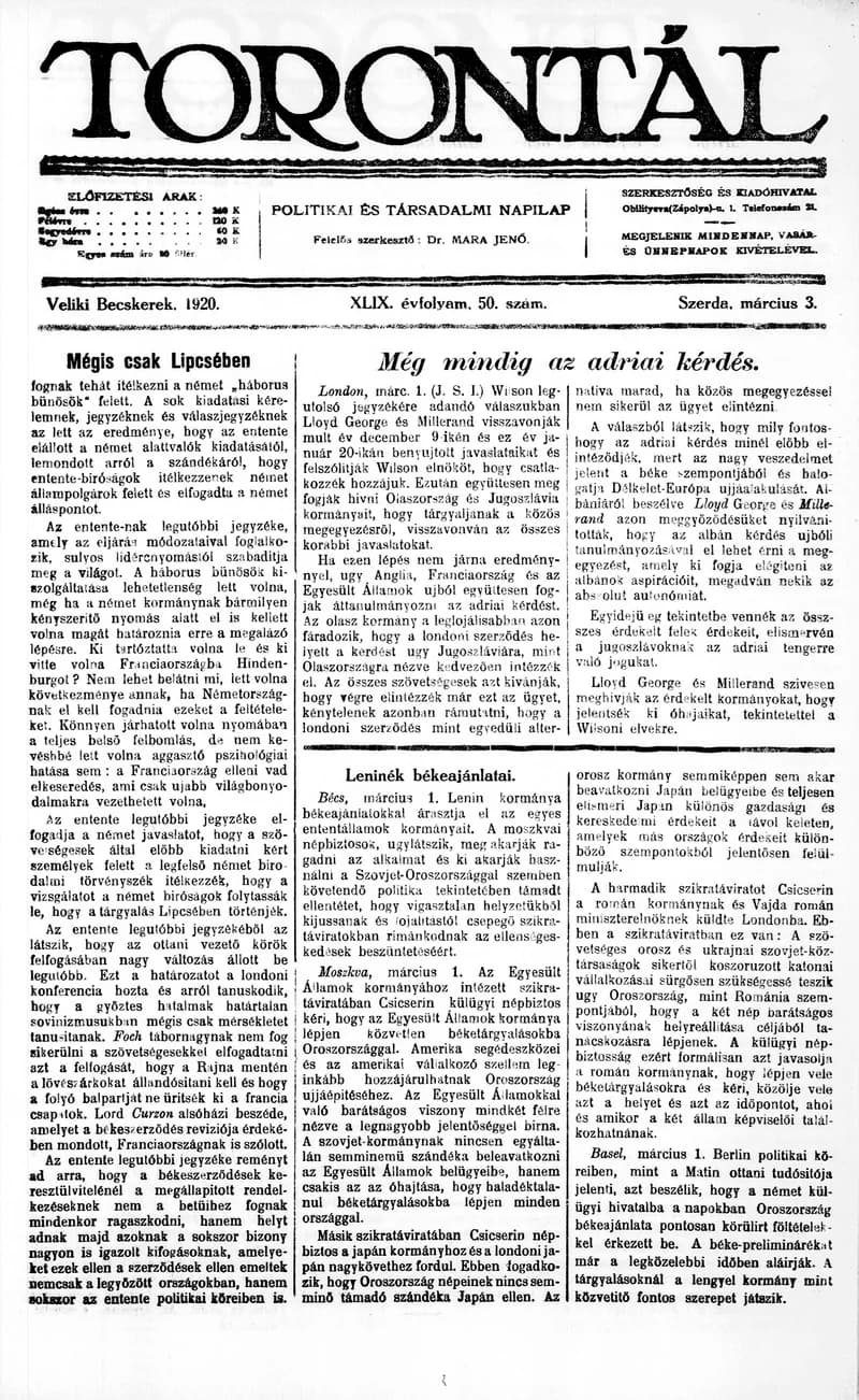 Torontál, 49. évf. 1920. március 3. 50. sz.