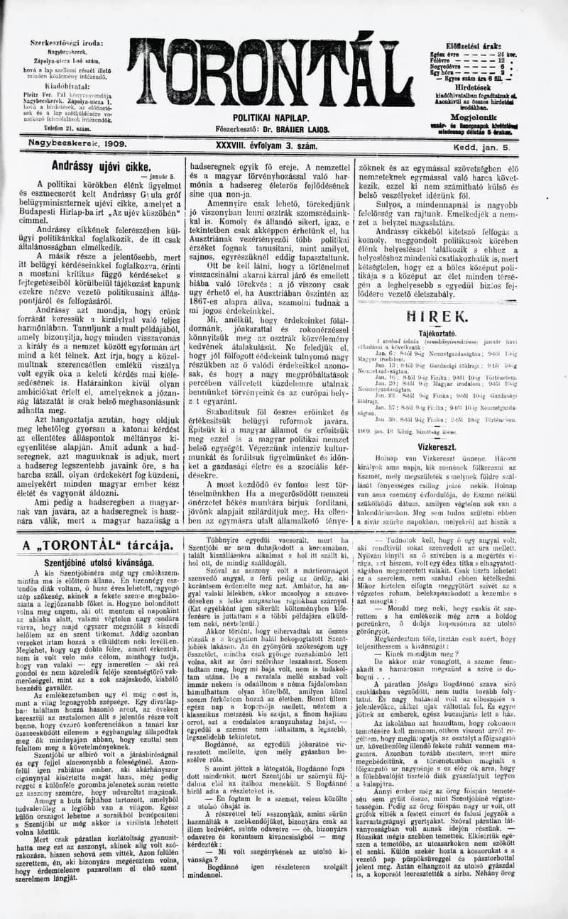 Torontál, 38. évf. 1909. január 5. 3. sz.