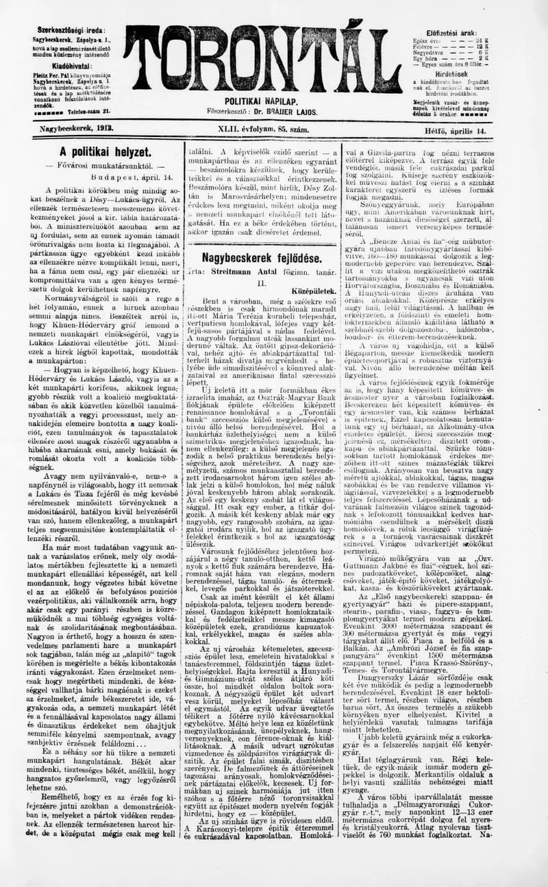 Torontál, 42. évf. 1913. április 14. 85. sz.