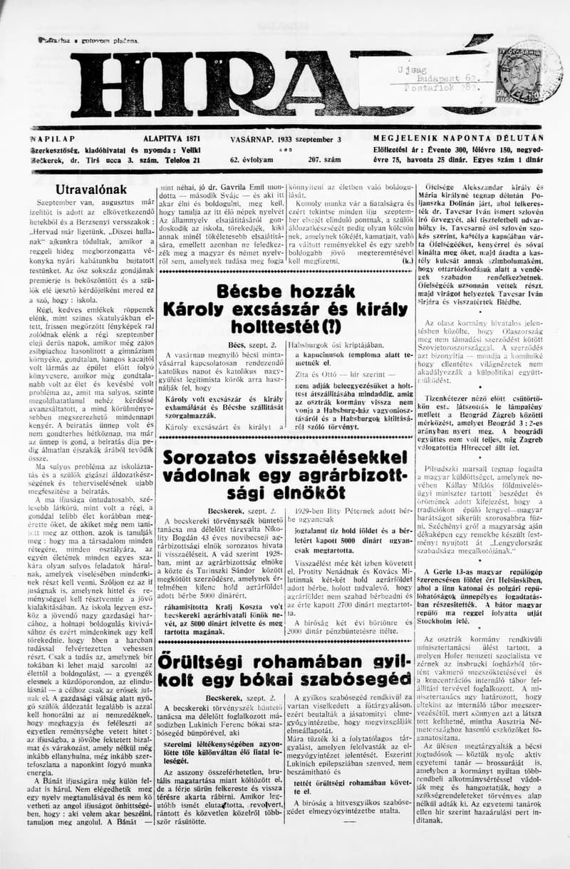 Híradó, 62. évf. 1933. szeptember 3. 207. sz.