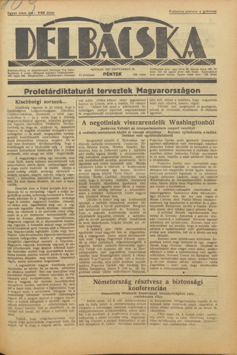 Délbácska, 6. évf. 1925. szeptember 25. 222. sz.