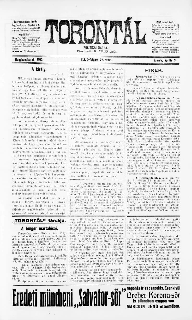 Torontál, 41. évf. 1912. április 4. 77. sz.