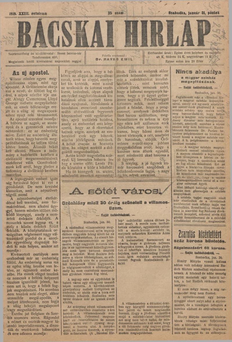 Bácskai Hirlap, 23. évf. 1919. január 31. 25. sz.