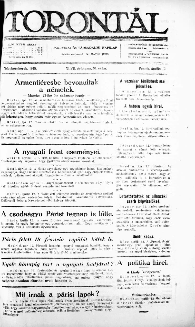 Torontál, 47. évf. 1918. április 12. 84. sz.