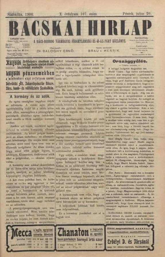 Bácskai Hirlap, 10. évf. 1906. július 20. 167. sz.