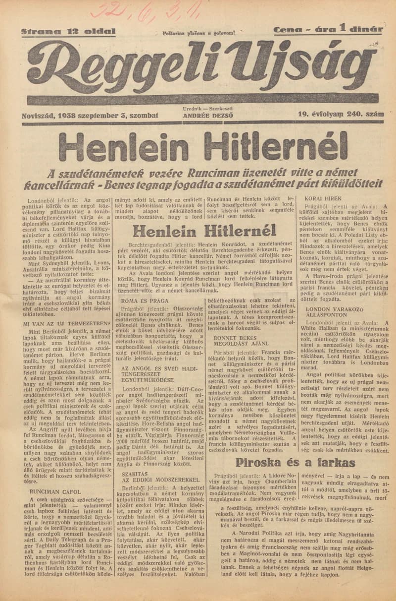 Reggeli Újság, 19. évf. 1938. szeptember 3. 240. sz.