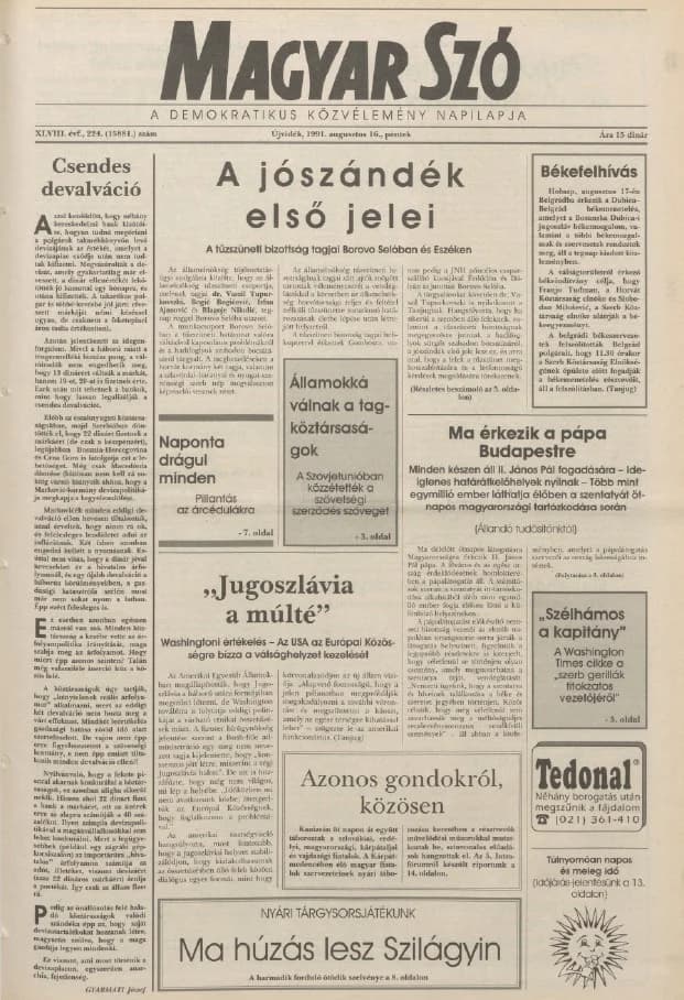Magyar Szó, 48. évf. 1991. augusztus 16. 224. sz. 1–20. oldal