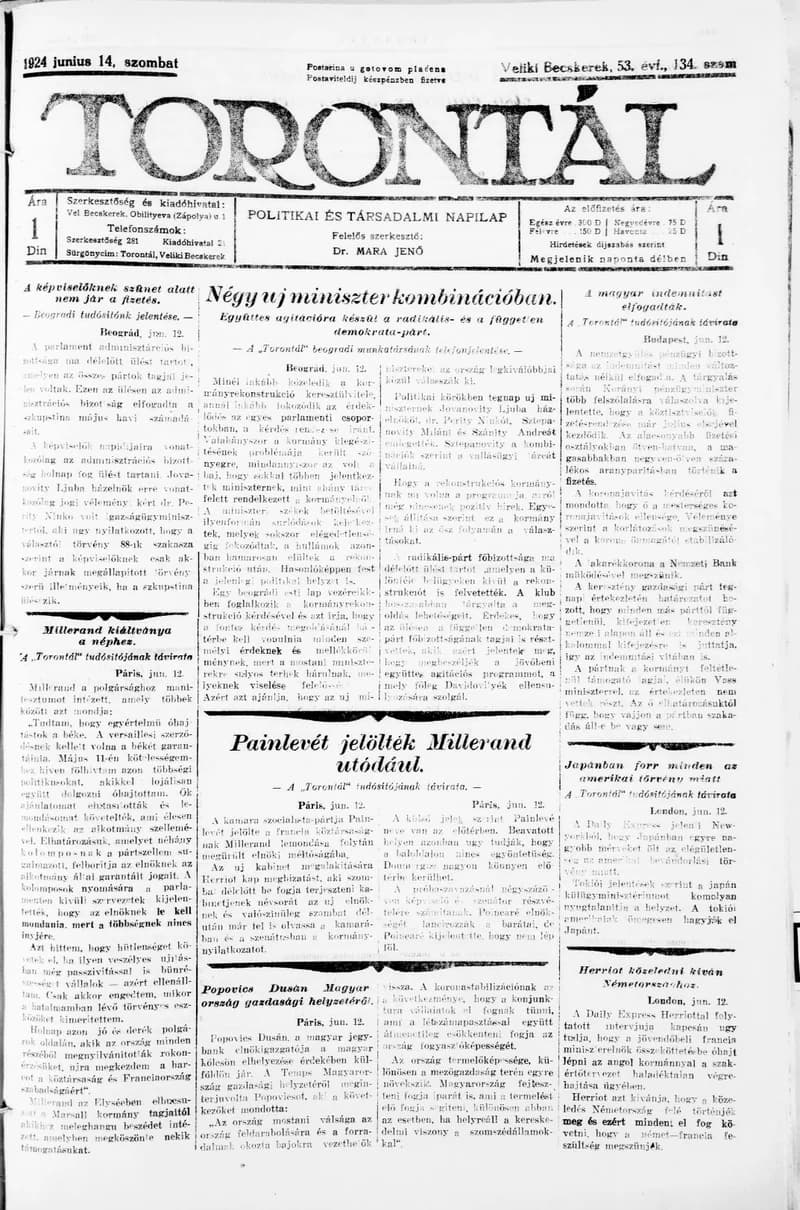 Torontál, 53. évf. 1924. június 14. 134. sz.