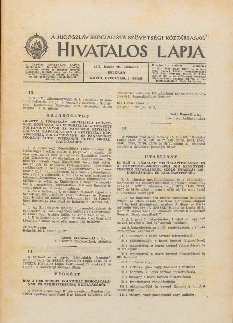 A Jugoszláv Szocialista Szövetségi Köztársaság Hivatalos Lapja, 28. évf. 1972. január 20. 3. sz. 29–52. oldal