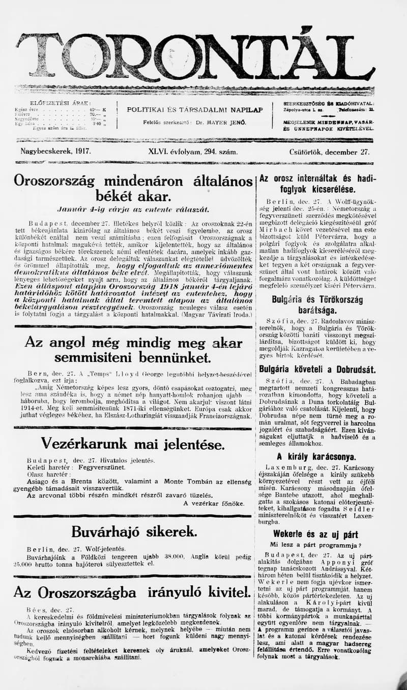 Torontál, 46. évf. 1917. december 27. 294. sz.