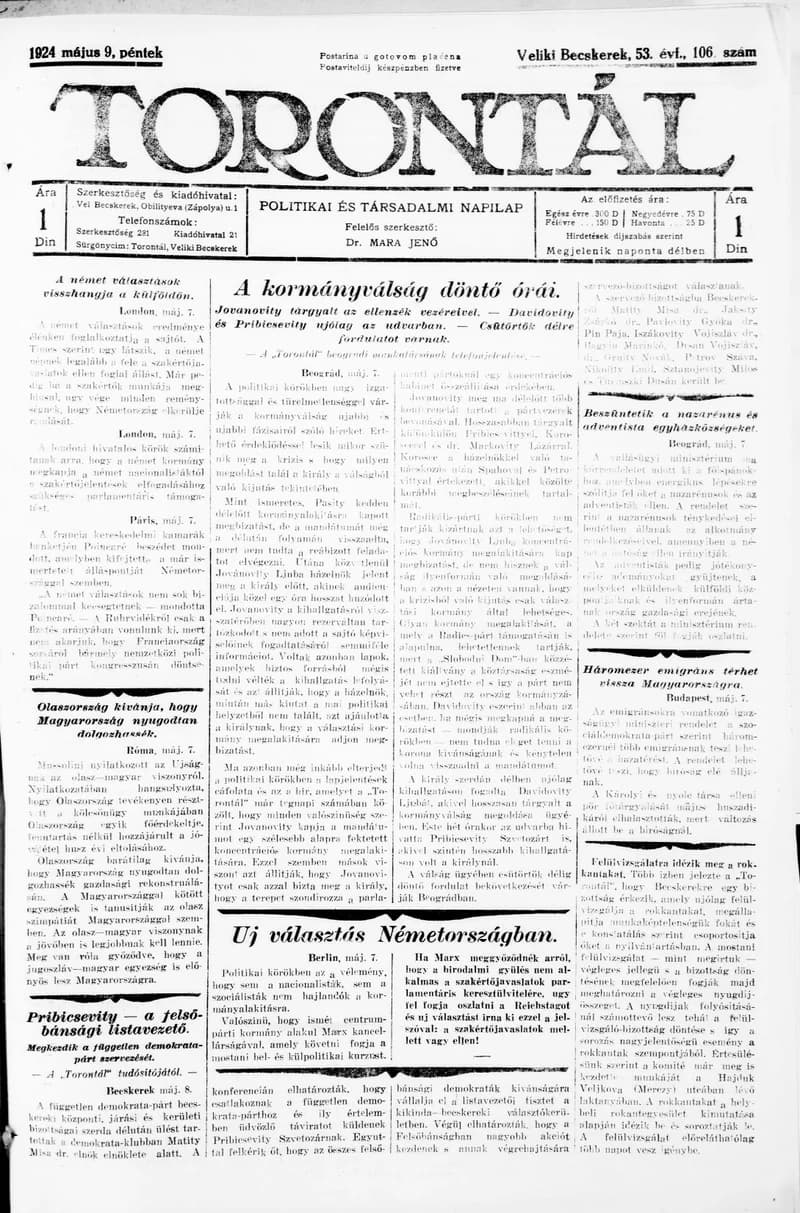 Torontál, 53. évf. 1924. május 9. 106. sz.
