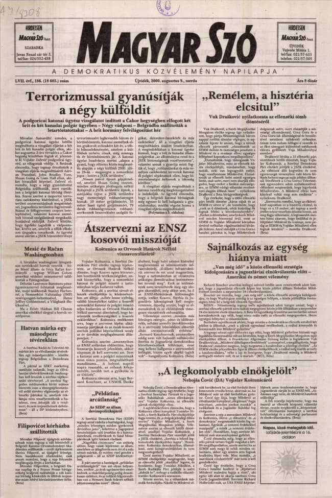 Magyar Szó, 57. évf. 2000. augusztus 9. 186. sz. 1–16. oldal