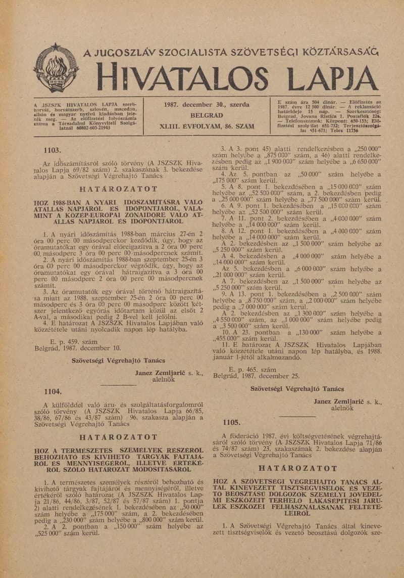 A Jugoszláv Szocialista Szövetségi Köztársaság Hivatalos Lapja, 43. évf. 1987. december 30. 86. sz. 2345–2380. oldal