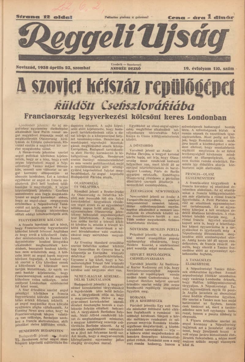 Reggeli Újság, 19. évf. 1938. április 23. 110. sz.