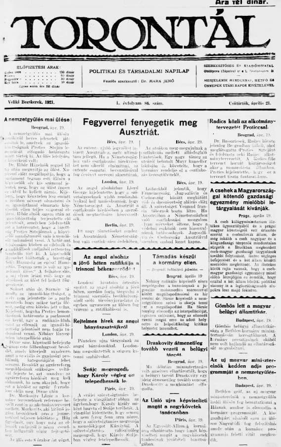 Torontál, 50. évf. 1921. április 21. 86. sz.