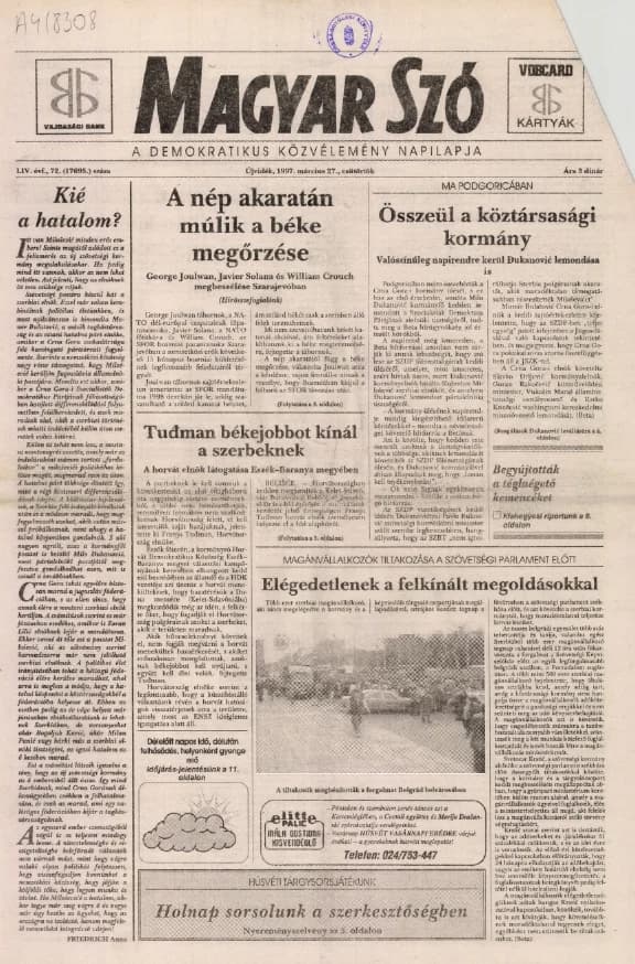 Magyar Szó, 54. évf. 1997. március 27. 72. sz. 1–16. oldal