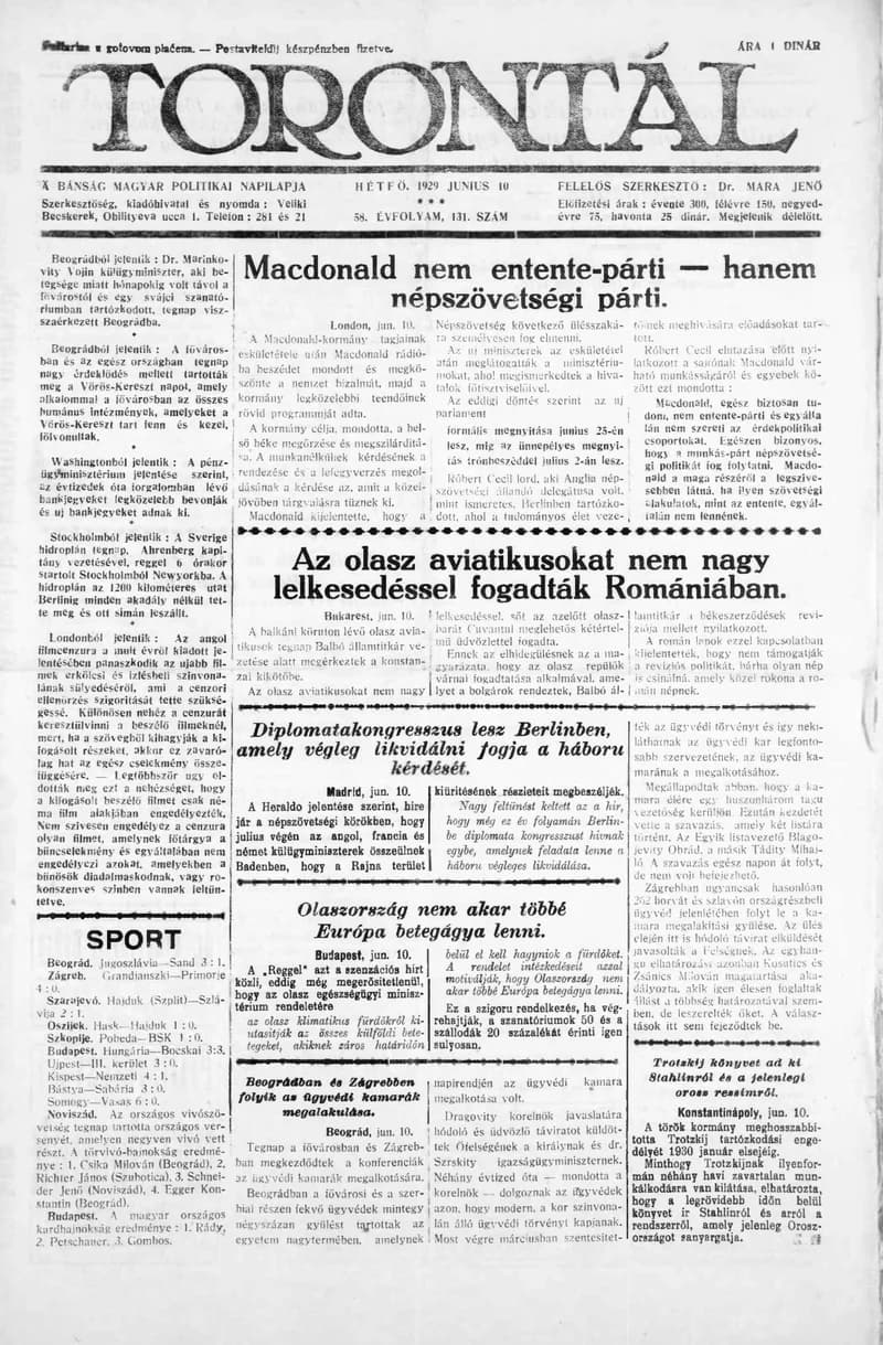 Torontál, 58. évf. 1929. június 10. 131. sz.