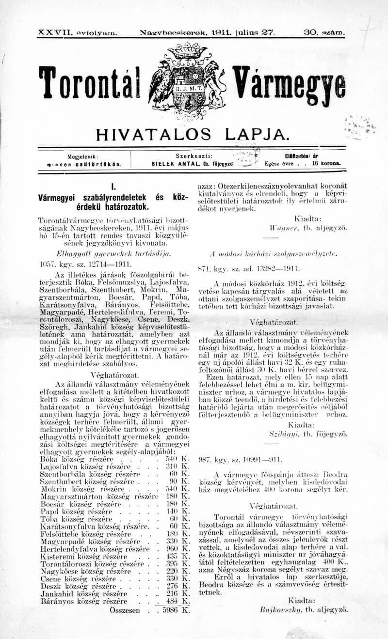 Torontál Vármegye Hivatalos Lapja, 27. évf. 1911. július 27. 30. sz.