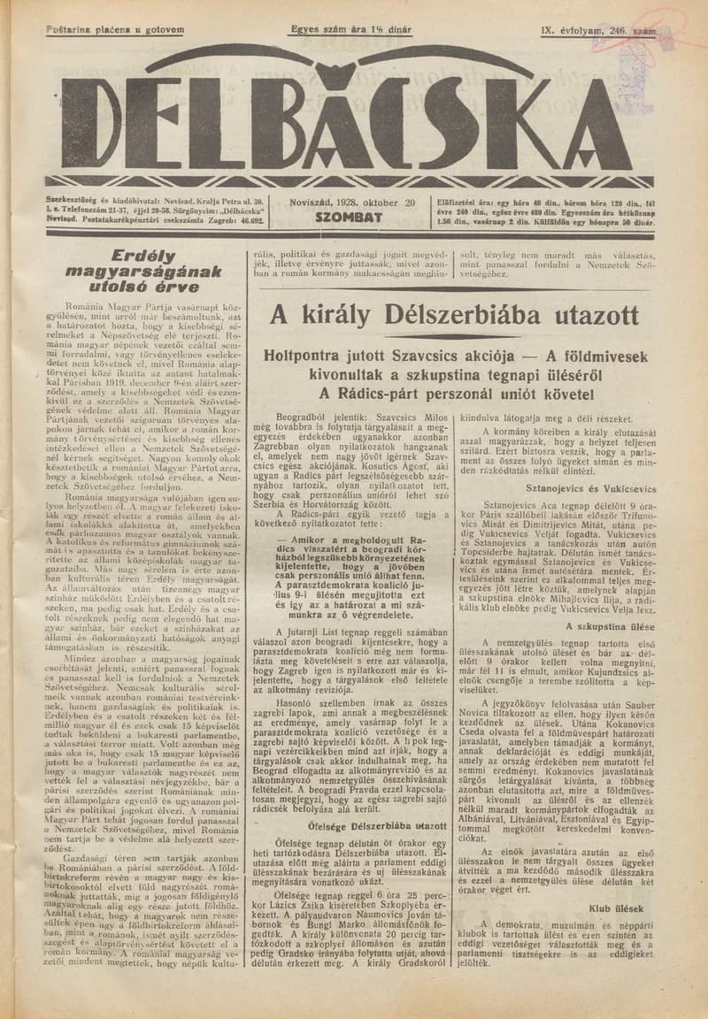 Délbácska, 9. évf. 1928. október 20. 246. sz.