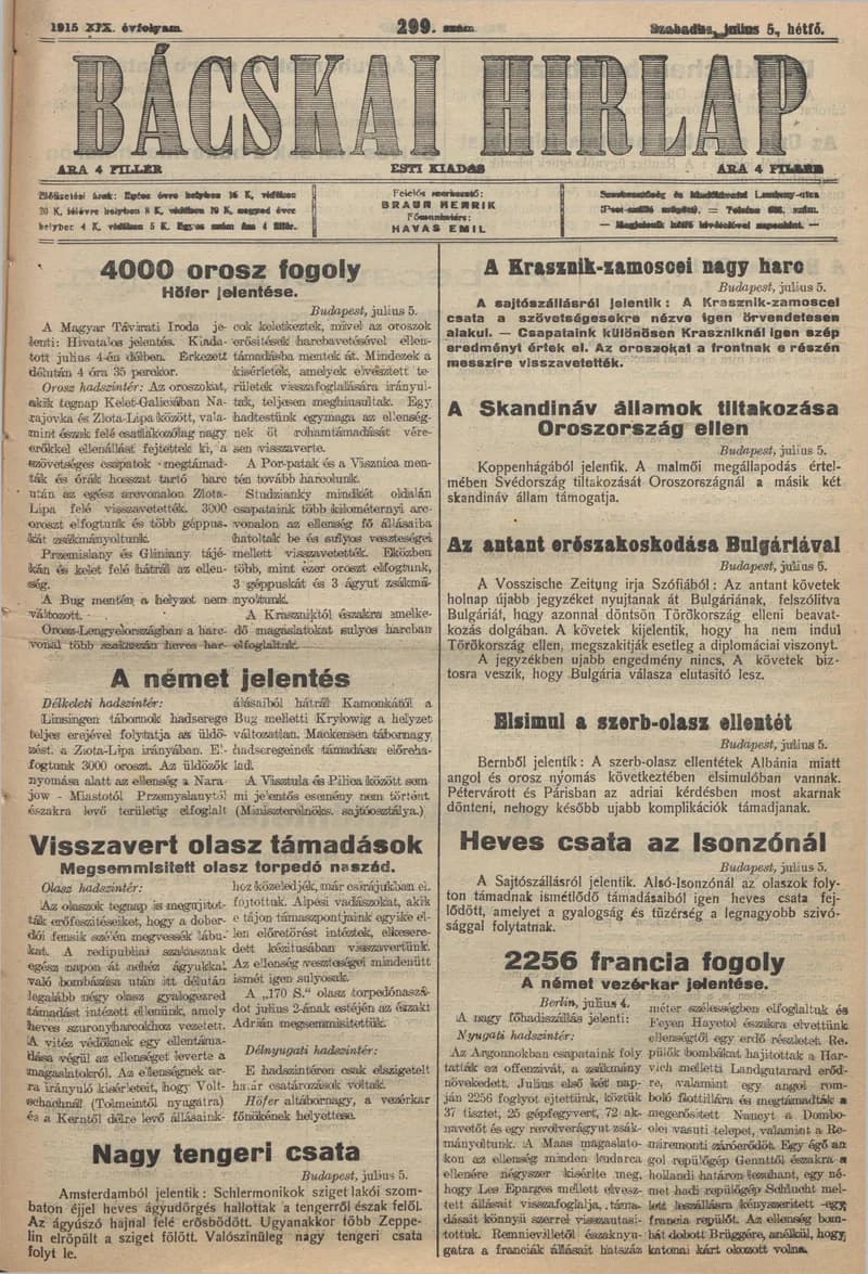 Bácskai Hirlap, 19. évf. 1915. július 5. 299. sz.