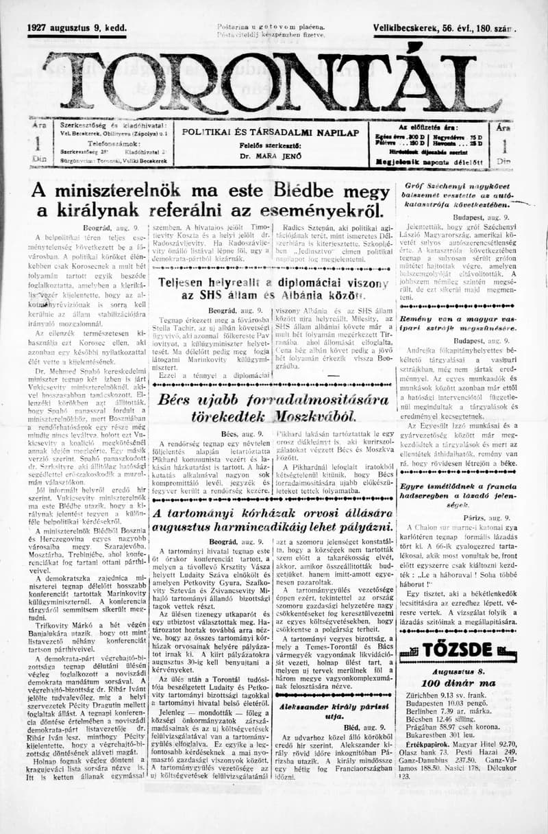Torontál, 56. évf. 1927. augusztus 9. 180. sz.