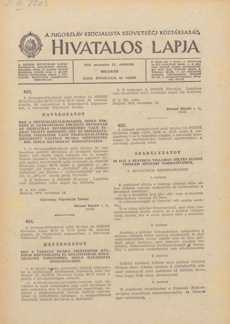 A Jugoszláv Szocialista Szövetségi Köztársaság Hivatalos Lapja, 29. évf. 1973. november 22. 62. sz. 1777–1796. oldal