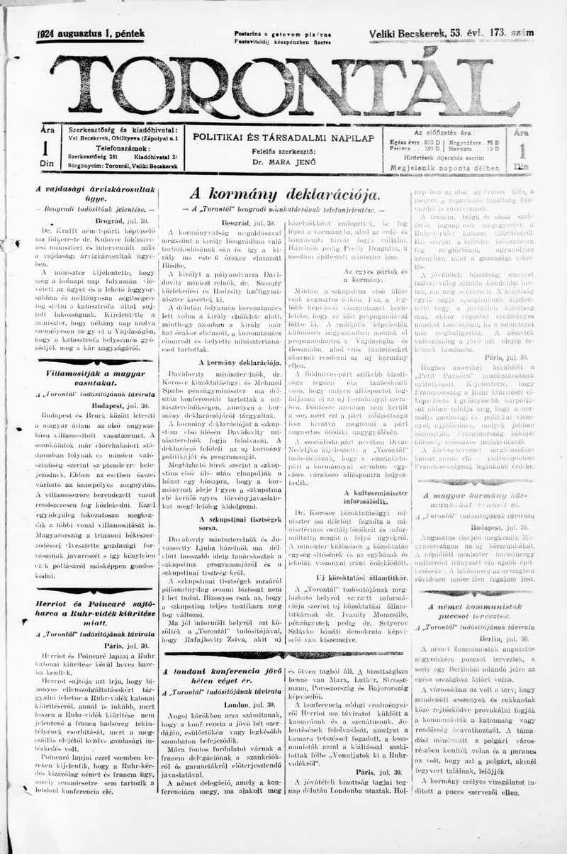 Torontál, 53. évf. 1924. augusztus 1. 173. sz.