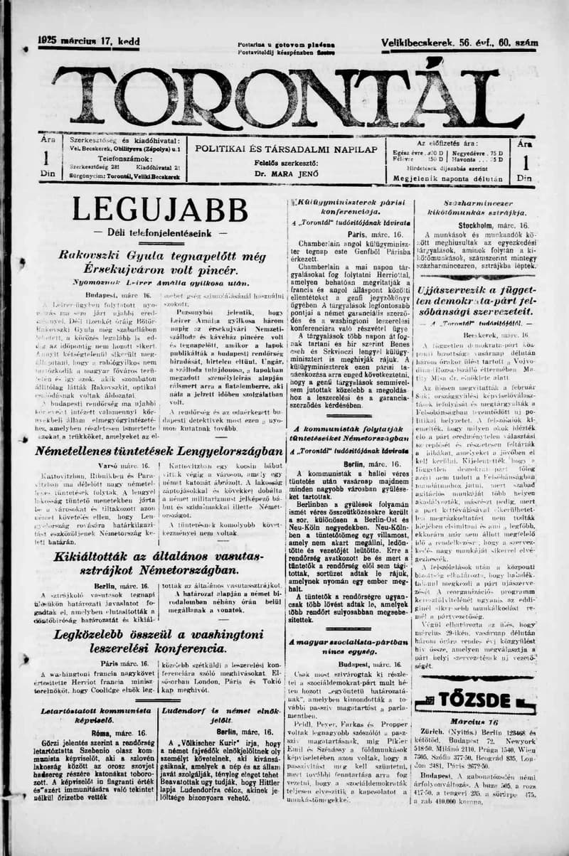 Torontál, 54. évf. 1925. március 17. 60. sz.