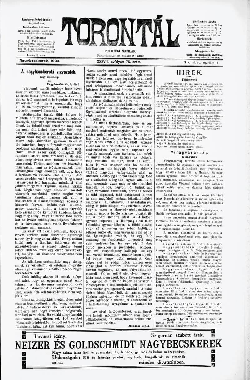 Torontál, 38. évf. 1909. április 3. 76. sz.