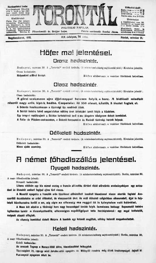 Torontál, 45. évf. 1916. március 31. 74. sz.