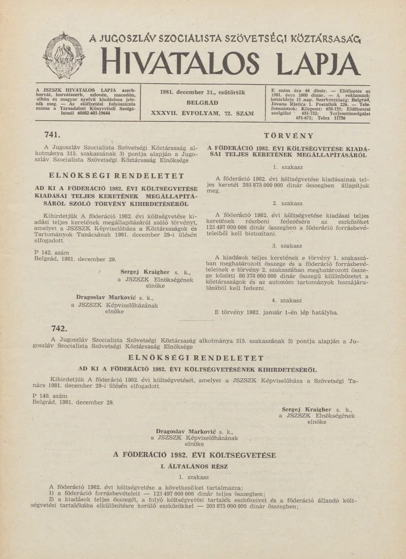 A Jugoszláv Szocialista Szövetségi Köztársaság Hivatalos Lapja, 37. évf. 1981. december 31. 72. sz. 1829–1916. oldal