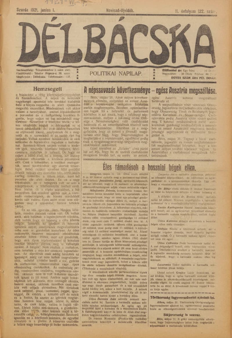 Délbácska, 2. évf. 1921. június 1. 122. sz.