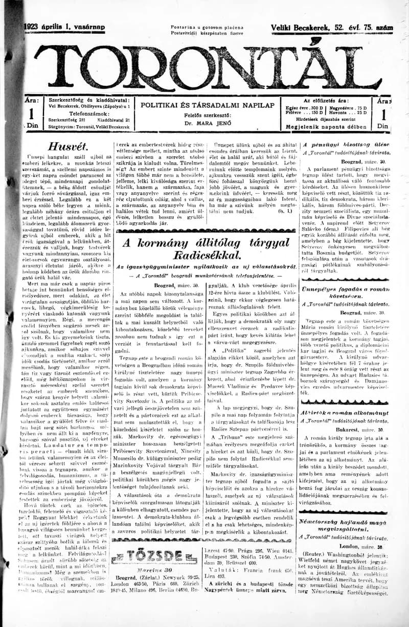 Torontál, 52. évf. 1923. április 1. 75. sz.