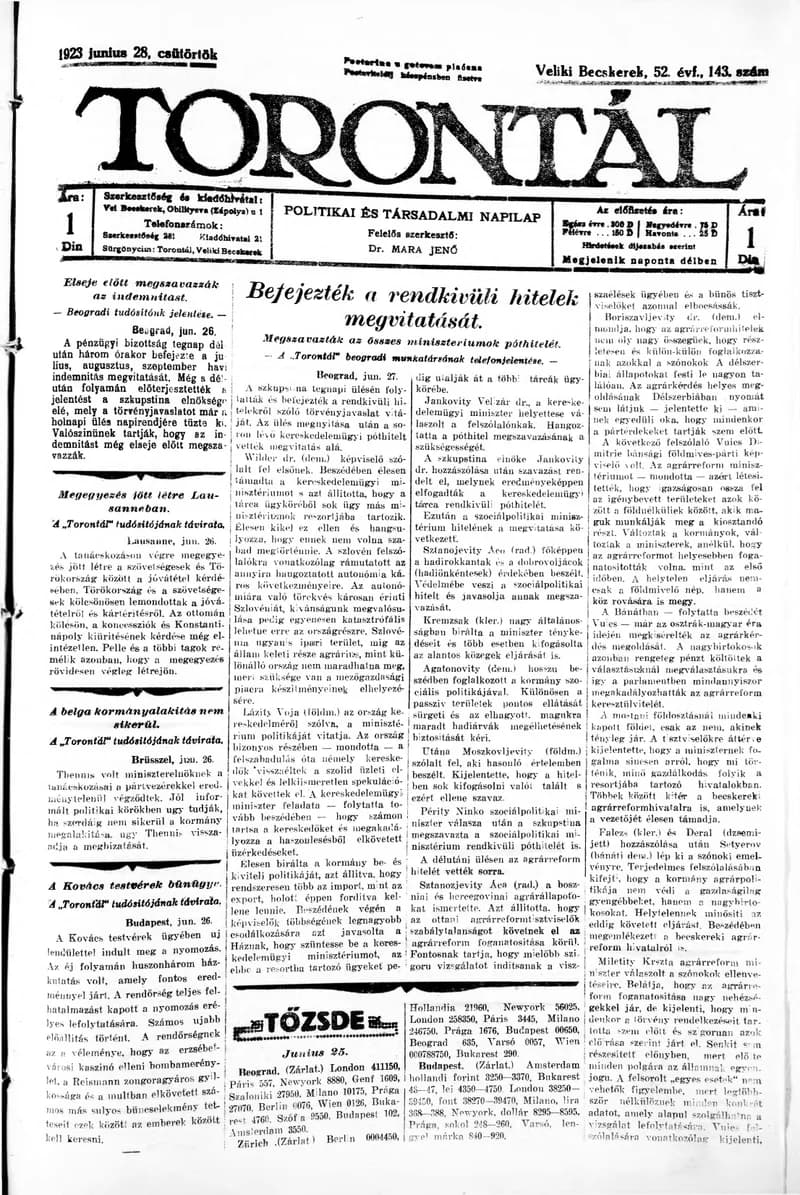 Torontál, 52. évf. 1923. június 28. 143. sz.