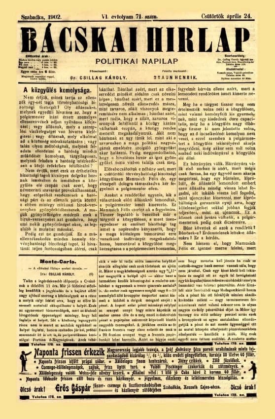 Bácskai Hirlap, 6. évf. 1902. április 24. 71. sz.
