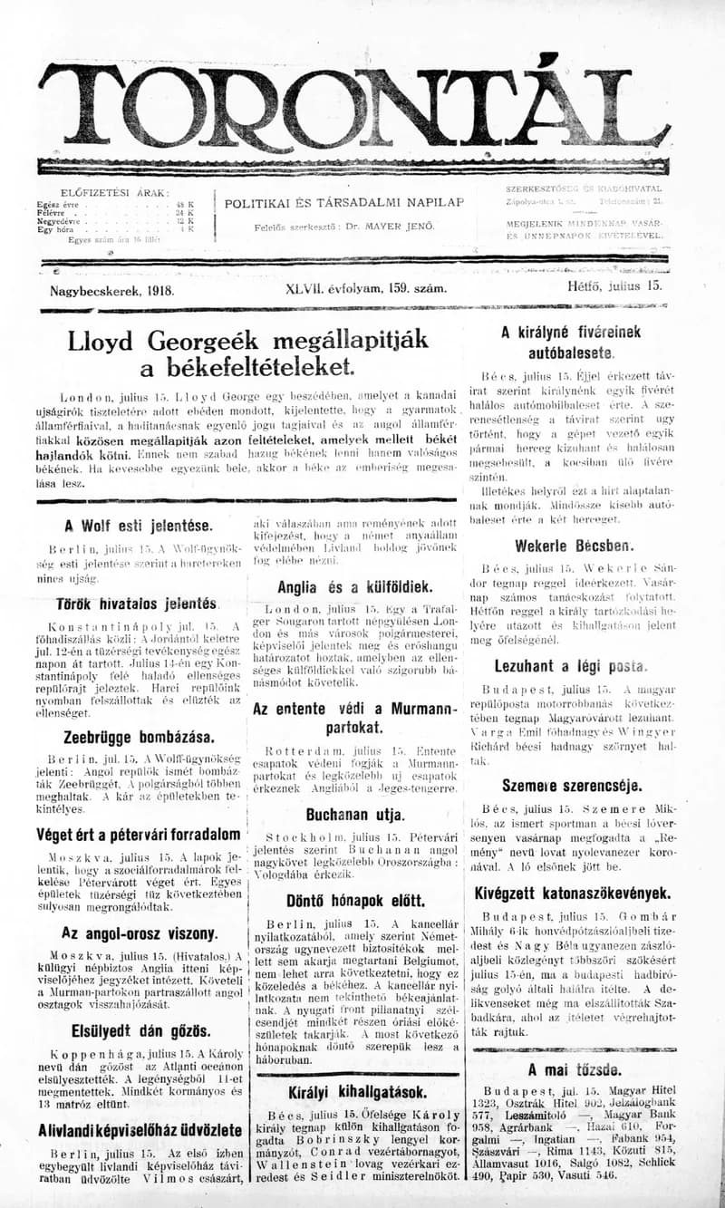 Torontál, 47. évf. 1918. július 15. 159. sz.